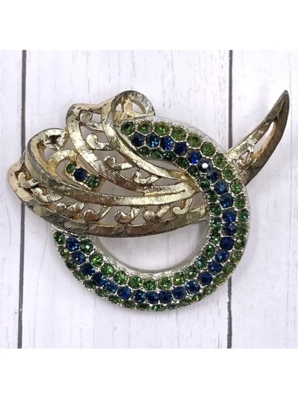Vintage Rousseau Brooch Round Gold Tone Green Blue Rhinestones 2.25
